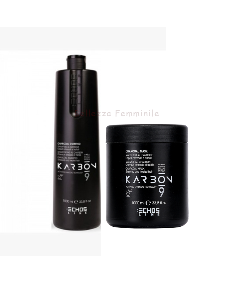 Karbon 9 Shampoo e Maschera 1000ml al carbone per capelli stressati e trattati Echosline