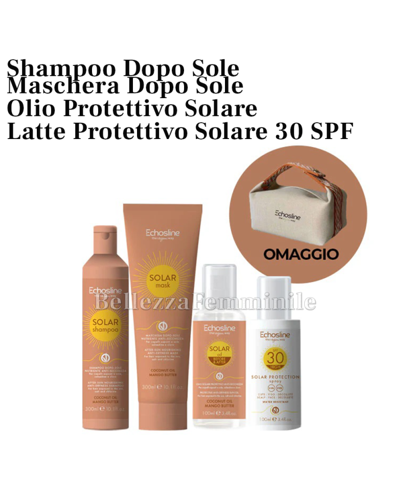 Shampoo Capelli + Maschera + Olio Protettivo + Latte Protettivo 30SPF Professionale Echosline - Omaggio Pochette